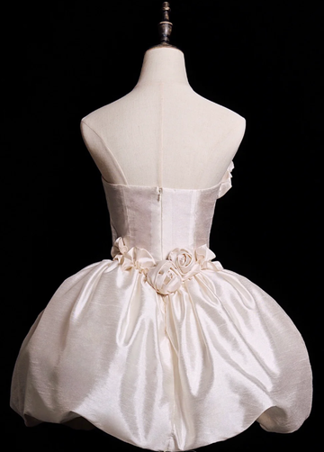 Cute A Line V Neck 3D Floral White Satin Short Homecoming Dress Birthday Dress HZ1023